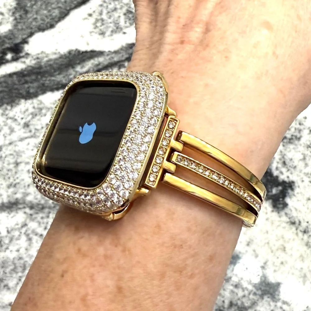 2 pc Apple Watch set white gold lab diamond case and crystal band classy bling